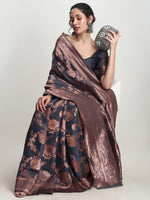 Thumbnail for Janasya Dark Grey Silk Blend Floral Jacquard Saree
