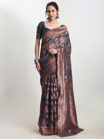 Thumbnail for Janasya Dark Grey Silk Blend Floral Jacquard Saree