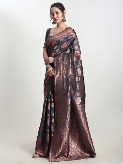 Janasya Dark Grey Silk Blend Floral Jacquard Saree - Distacart