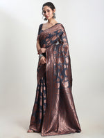 Thumbnail for Janasya Dark Grey Silk Blend Floral Jacquard Saree