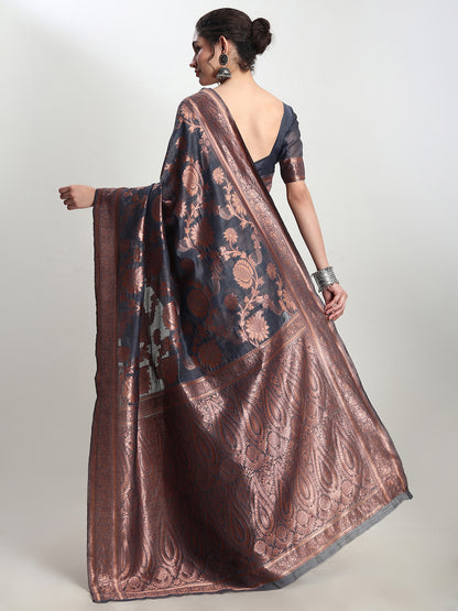 Janasya Dark Grey Silk Blend Floral Jacquard Saree - Distacart