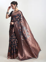 Thumbnail for Janasya Dark Grey Silk Blend Floral Jacquard Saree