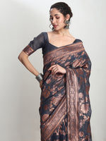 Thumbnail for Janasya Dark Grey Silk Blend Floral Jacquard Saree
