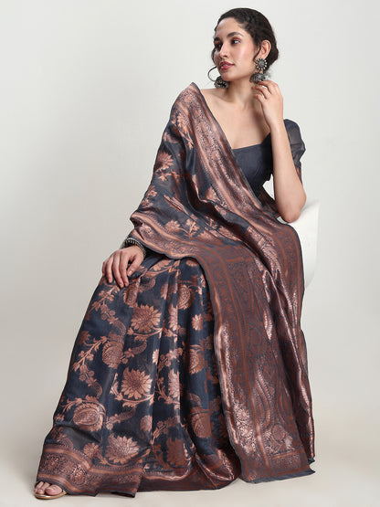 Janasya Dark Grey Silk Blend Floral Jacquard Saree - Distacart