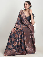 Thumbnail for Janasya Dark Grey Silk Blend Floral Jacquard Saree