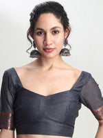 Thumbnail for Janasya Dark Grey Silk Blend Floral Jacquard Saree