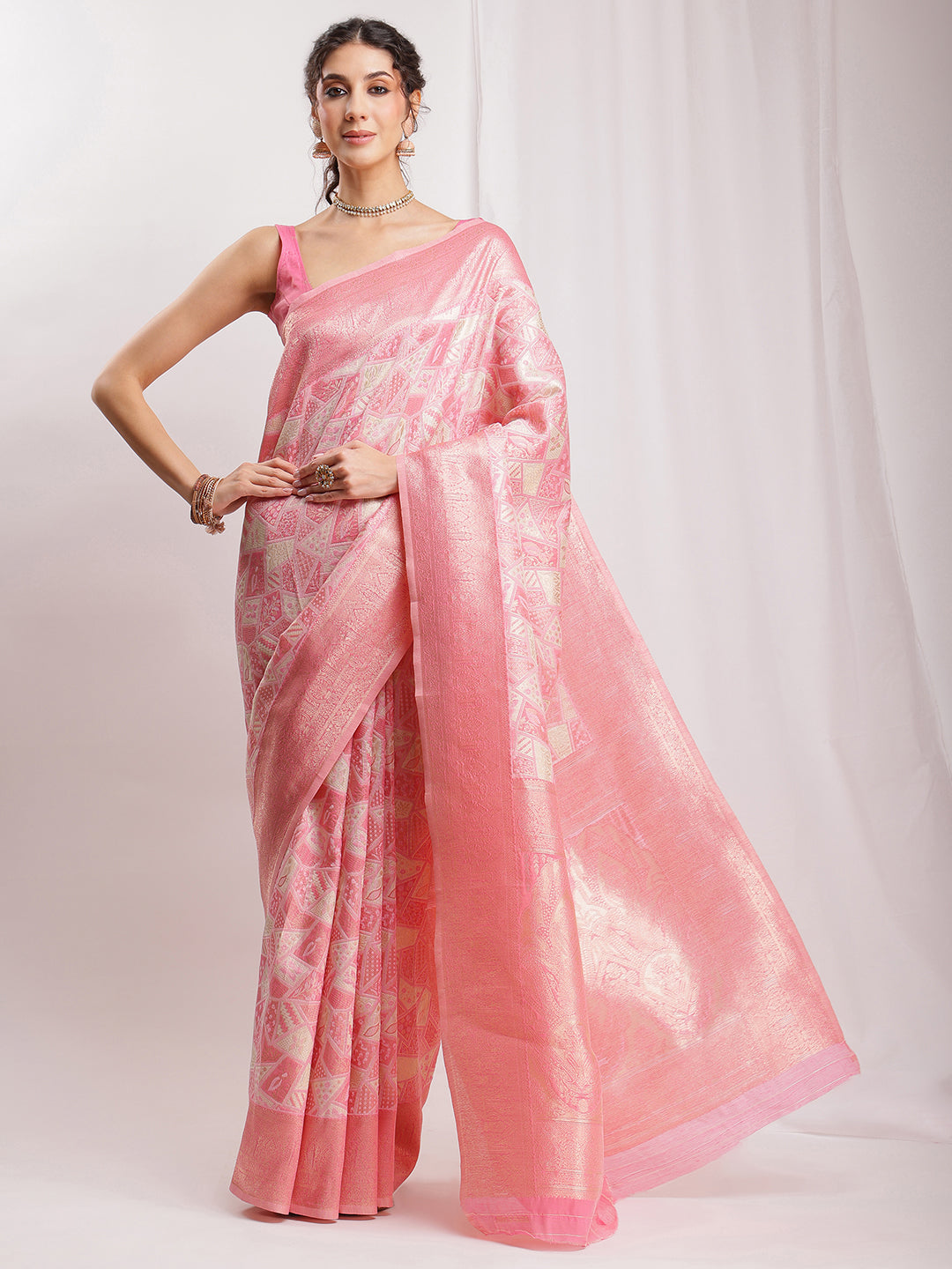 Janasya Peach Silk Blend Geometric Jacquard Saree