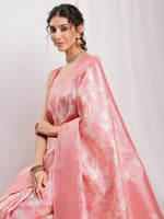 Thumbnail for Janasya Peach Silk Blend Geometric Jacquard Saree