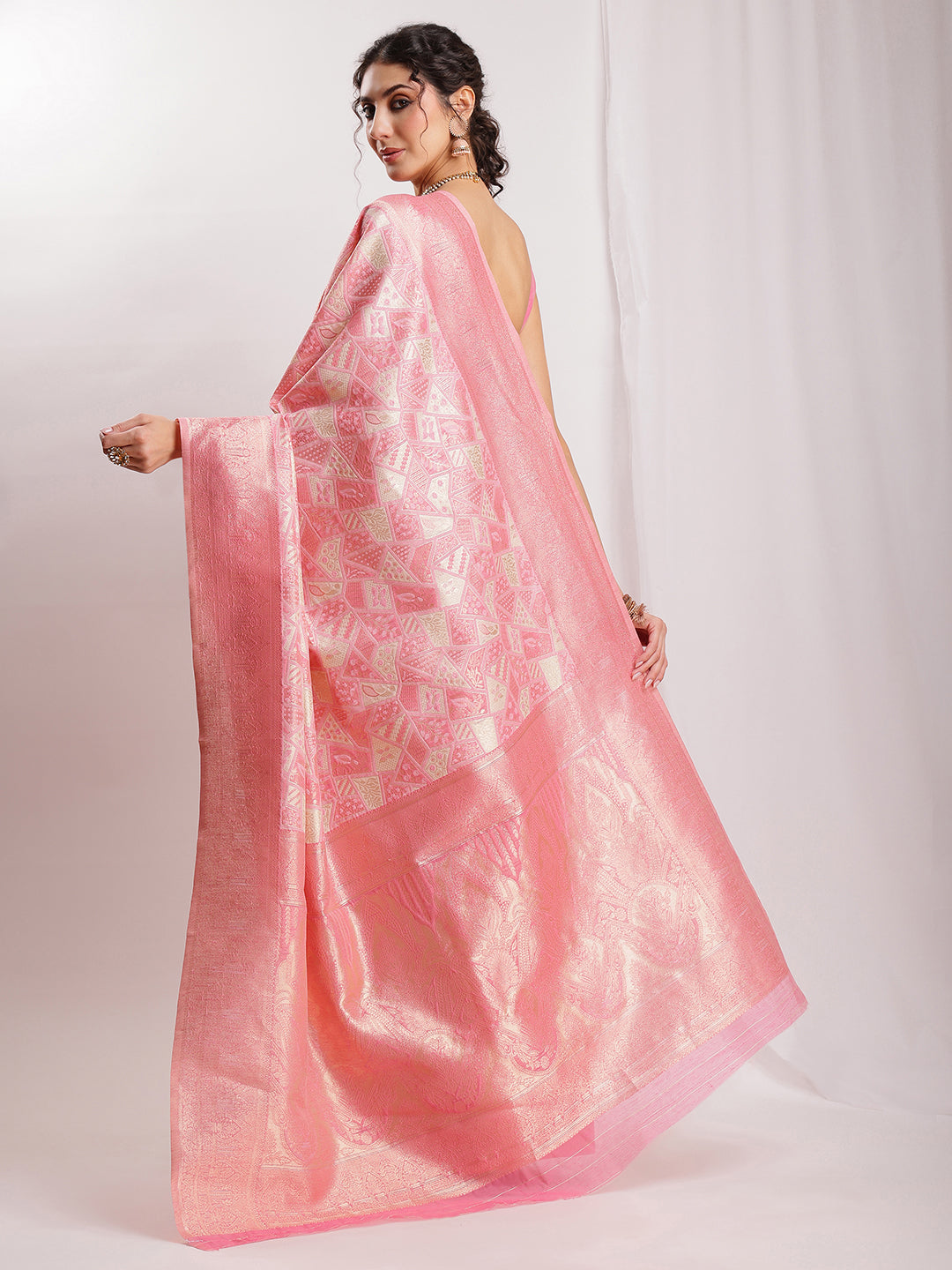 Janasya Peach Silk Blend Geometric Jacquard Saree