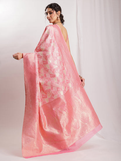 Janasya Peach Silk Blend Geometric Jacquard Saree - Distacart