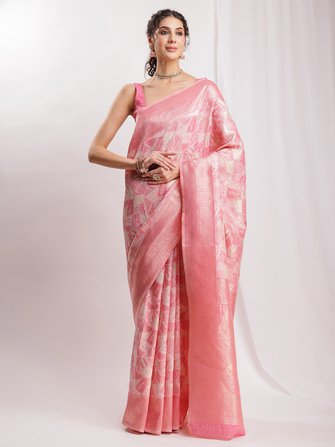 Janasya Peach Silk Blend Geometric Jacquard Saree