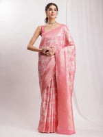 Thumbnail for Janasya Peach Silk Blend Geometric Jacquard Saree