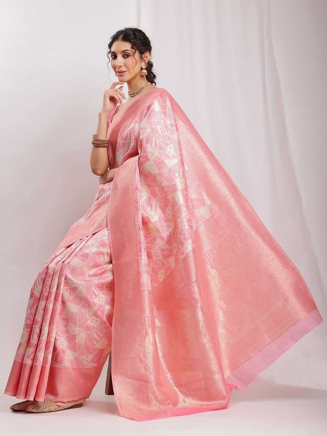 Janasya Peach Silk Blend Geometric Jacquard Saree
