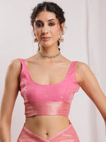 Thumbnail for Janasya Peach Silk Blend Geometric Jacquard Saree
