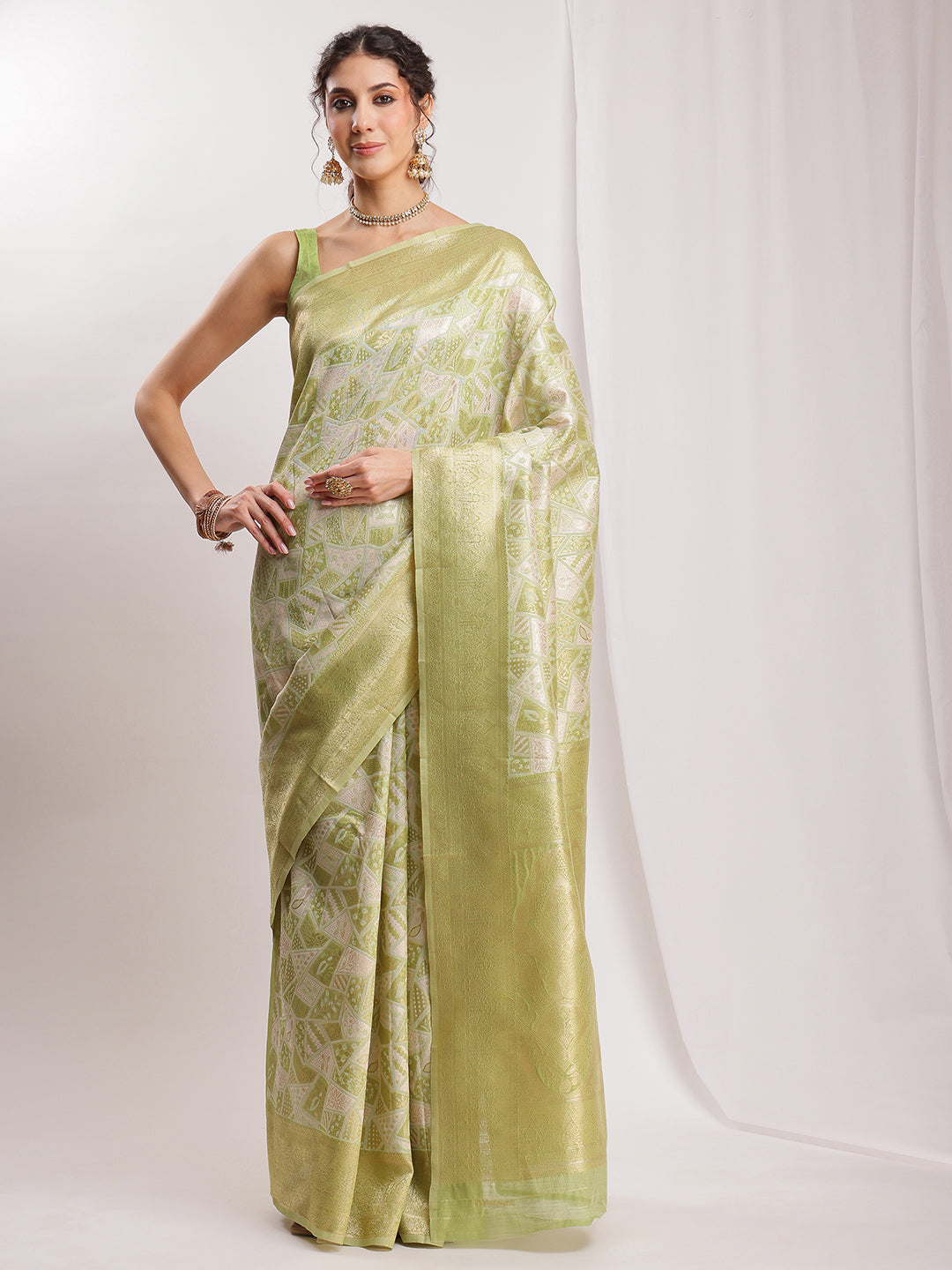 Janasya Green Silk Blend Geometric Jacquard Saree