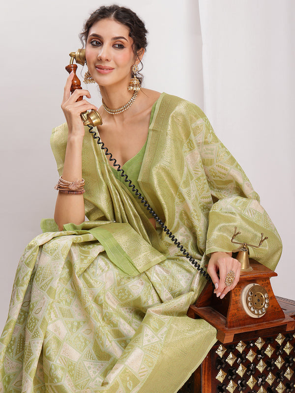 Janasya Green Silk Blend Geometric Jacquard Saree