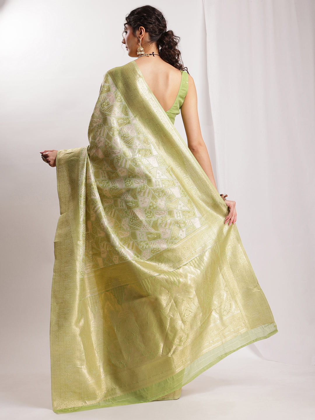 Janasya Green Silk Blend Geometric Jacquard Saree