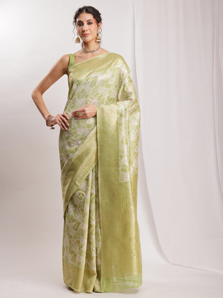 Janasya Green Silk Blend Geometric Jacquard Saree