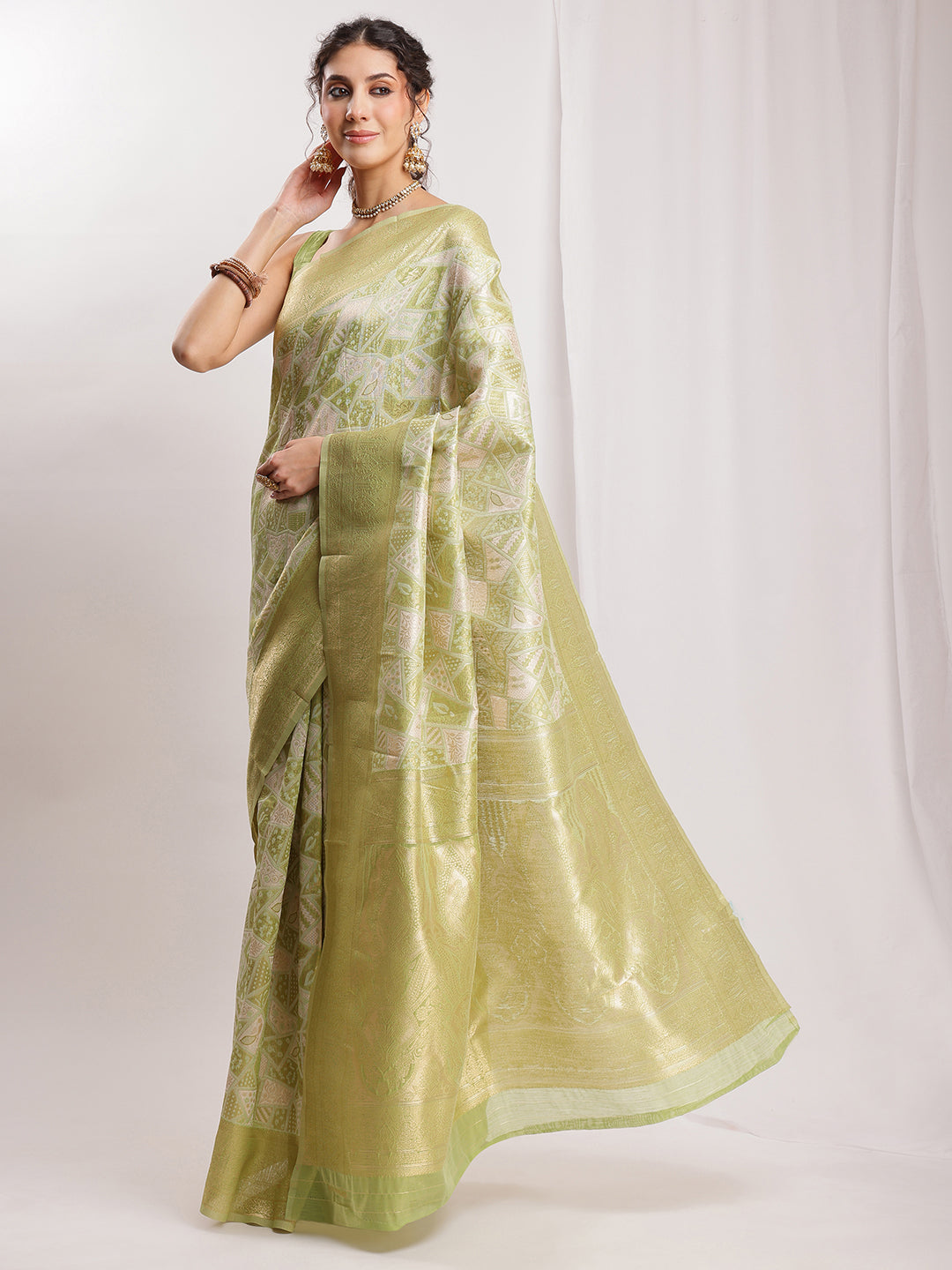 Janasya Green Silk Blend Geometric Jacquard Saree