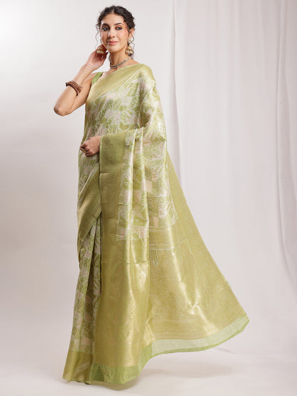 Janasya Green Silk Blend Geometric Jacquard Saree - Distacart