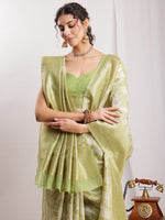 Thumbnail for Janasya Green Silk Blend Geometric Jacquard Saree