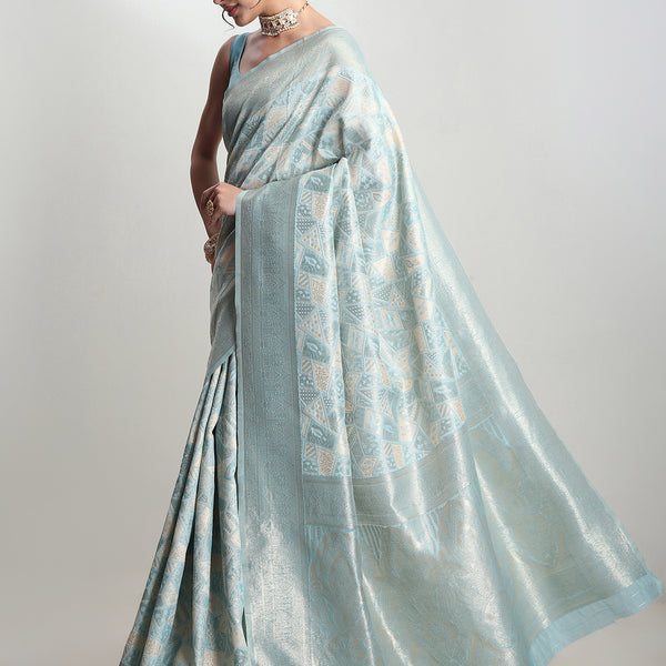 Janasya Sky Blue Silk Blend Geometric Jacquard Saree