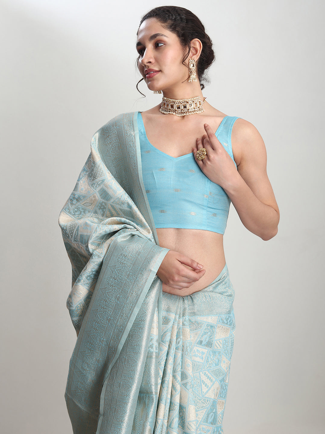 Janasya Sky Blue Silk Blend Geometric Jacquard Saree
