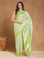 Thumbnail for Janasya Light Green Silk Blend Geometric Jacquard Saree