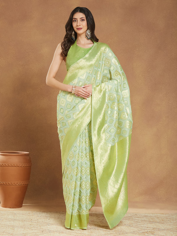 Janasya Light Green Silk Blend Geometric Jacquard Saree