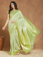 Thumbnail for Janasya Light Green Silk Blend Geometric Jacquard Saree