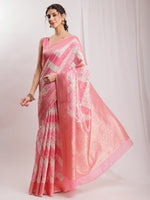 Thumbnail for Janasya Peach Silk Blend Geometric Jacquard Saree
