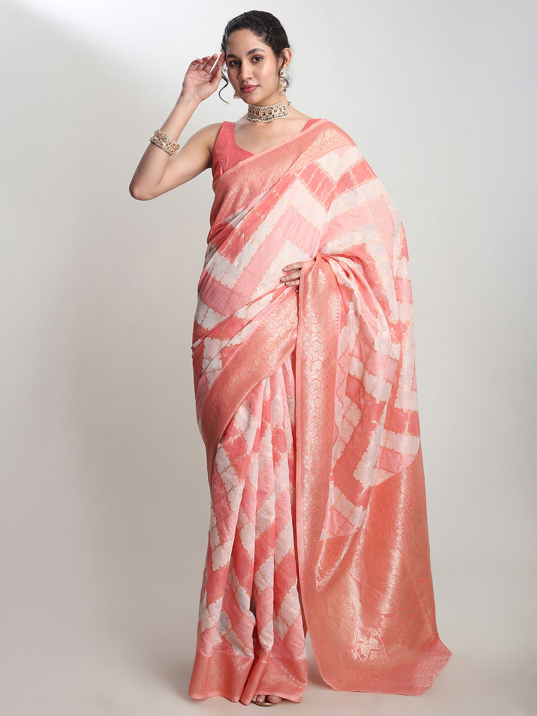 Janasya Peach Silk Blend Geometric Jacquard Saree