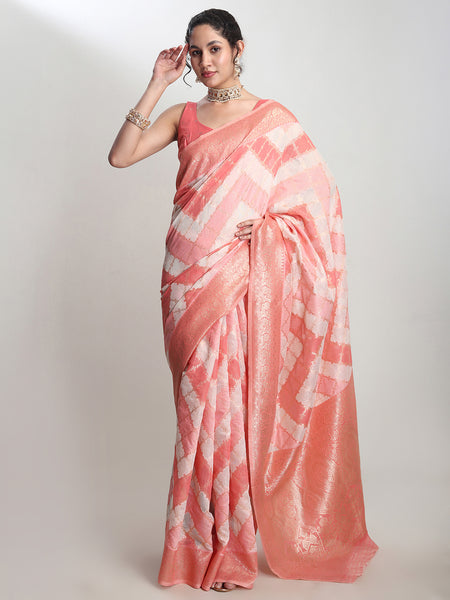 Janasya Peach Silk Blend Geometric Jacquard Saree