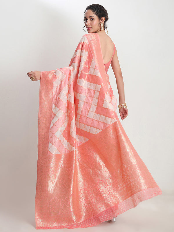Janasya Peach Silk Blend Geometric Jacquard Saree
