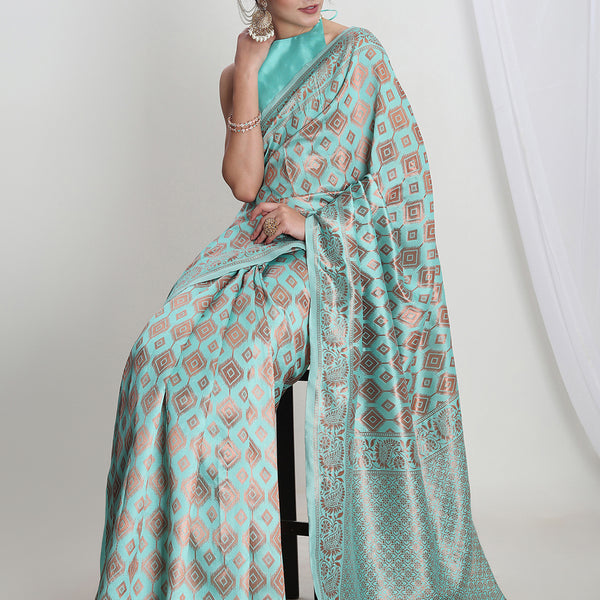 Janasya Light Blue Silk Blend Geometric Jacquard Saree