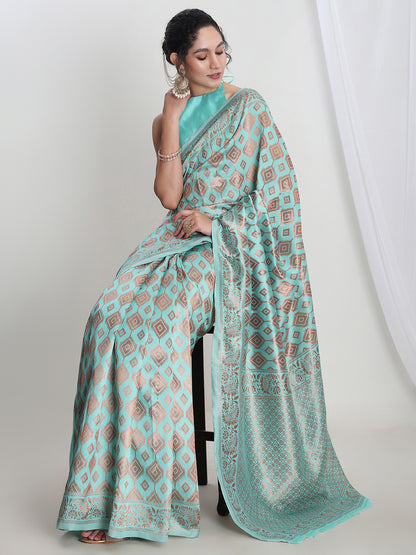 Janasya Light Blue Silk Blend Geometric Jacquard Saree - Distacart