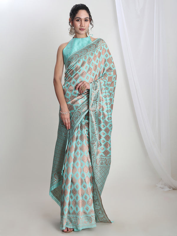 Janasya Light Blue Silk Blend Geometric Jacquard Saree