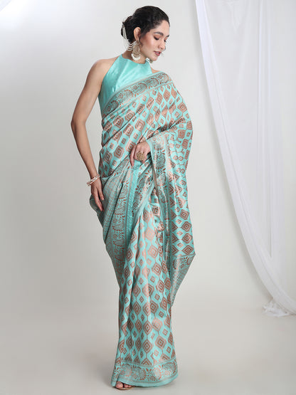 Janasya Light Blue Silk Blend Geometric Jacquard Saree - Distacart