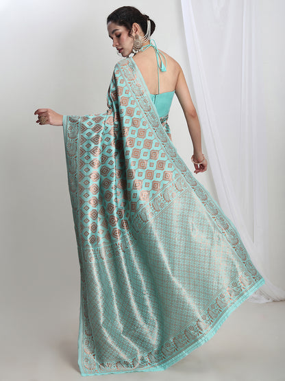 Janasya Light Blue Silk Blend Geometric Jacquard Saree - Distacart