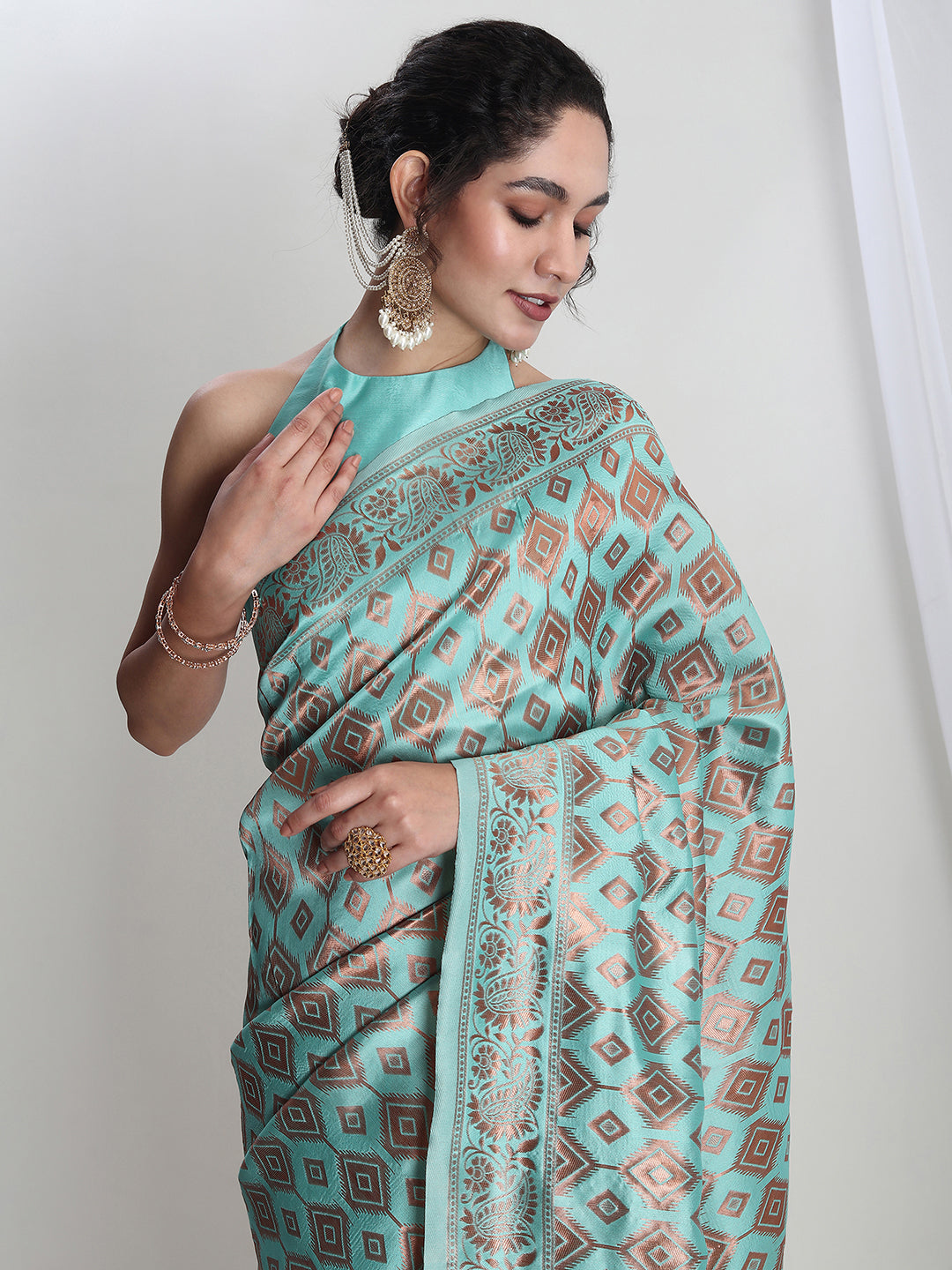 Janasya Light Blue Silk Blend Geometric Jacquard Saree