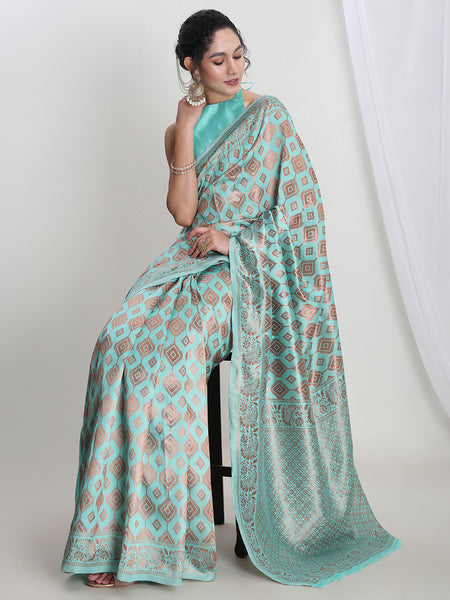 Janasya Light Blue Silk Blend Geometric Jacquard Saree
