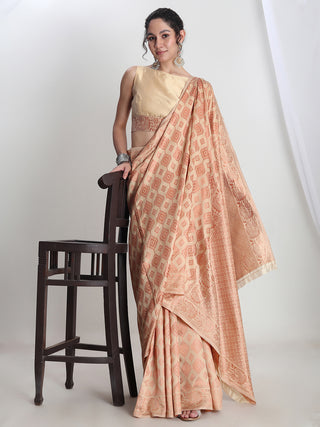 Janasya Beige Silk Blend Geometric Jacquard Saree