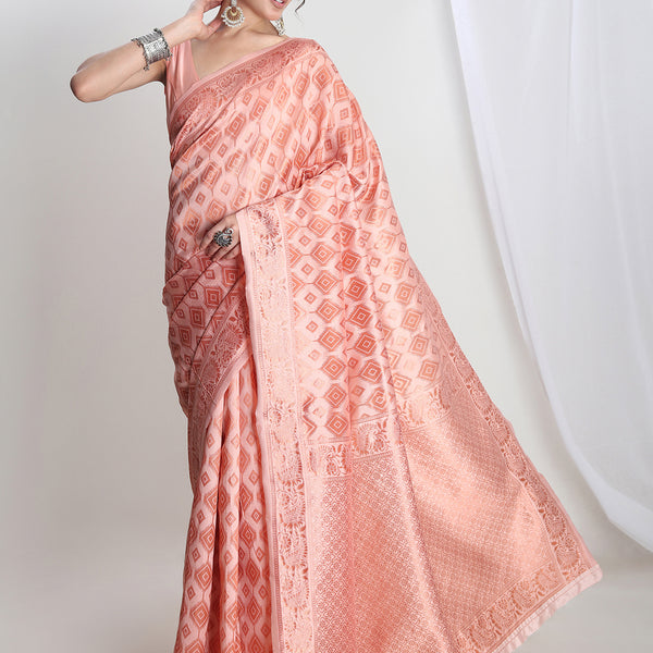 Janasya Peach Silk Blend Geometric Jacquard Saree - Distacart