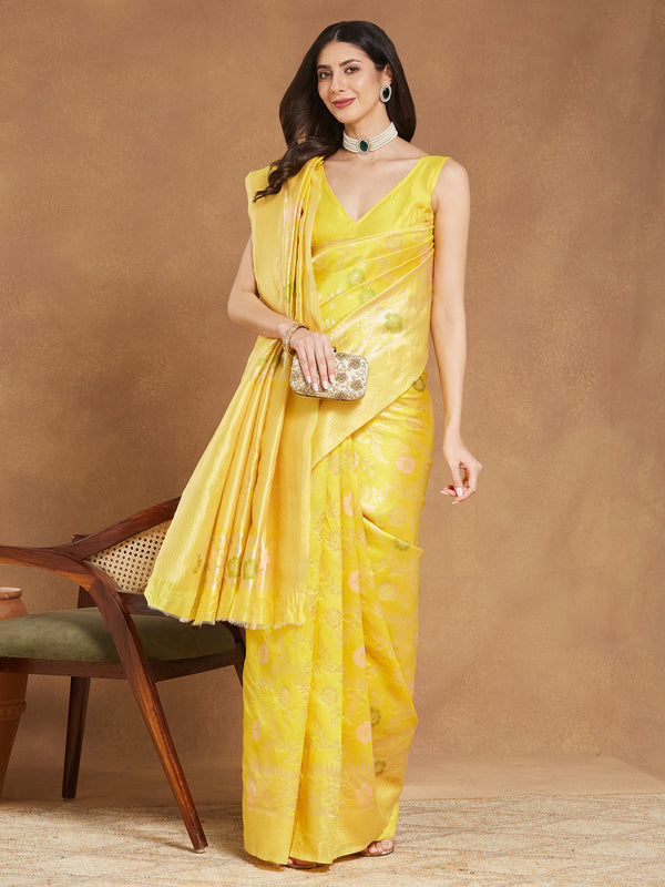 Janasya Yellow Silk Blend Floral Jacquard Saree