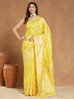 Thumbnail for Janasya Yellow Silk Blend Floral Jacquard Saree