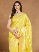 Thumbnail for Janasya Yellow Silk Blend Floral Jacquard Saree