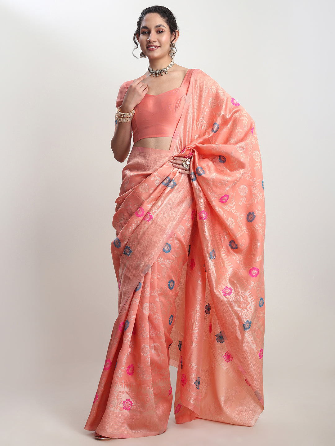 Janasya Peach Silk Blend Floral Jacquard Saree