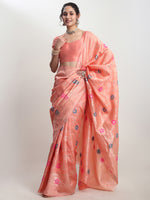 Thumbnail for Janasya Peach Silk Blend Floral Jacquard Saree