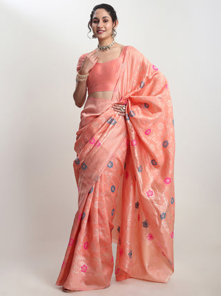 Janasya Peach Silk Blend Floral Jacquard Saree