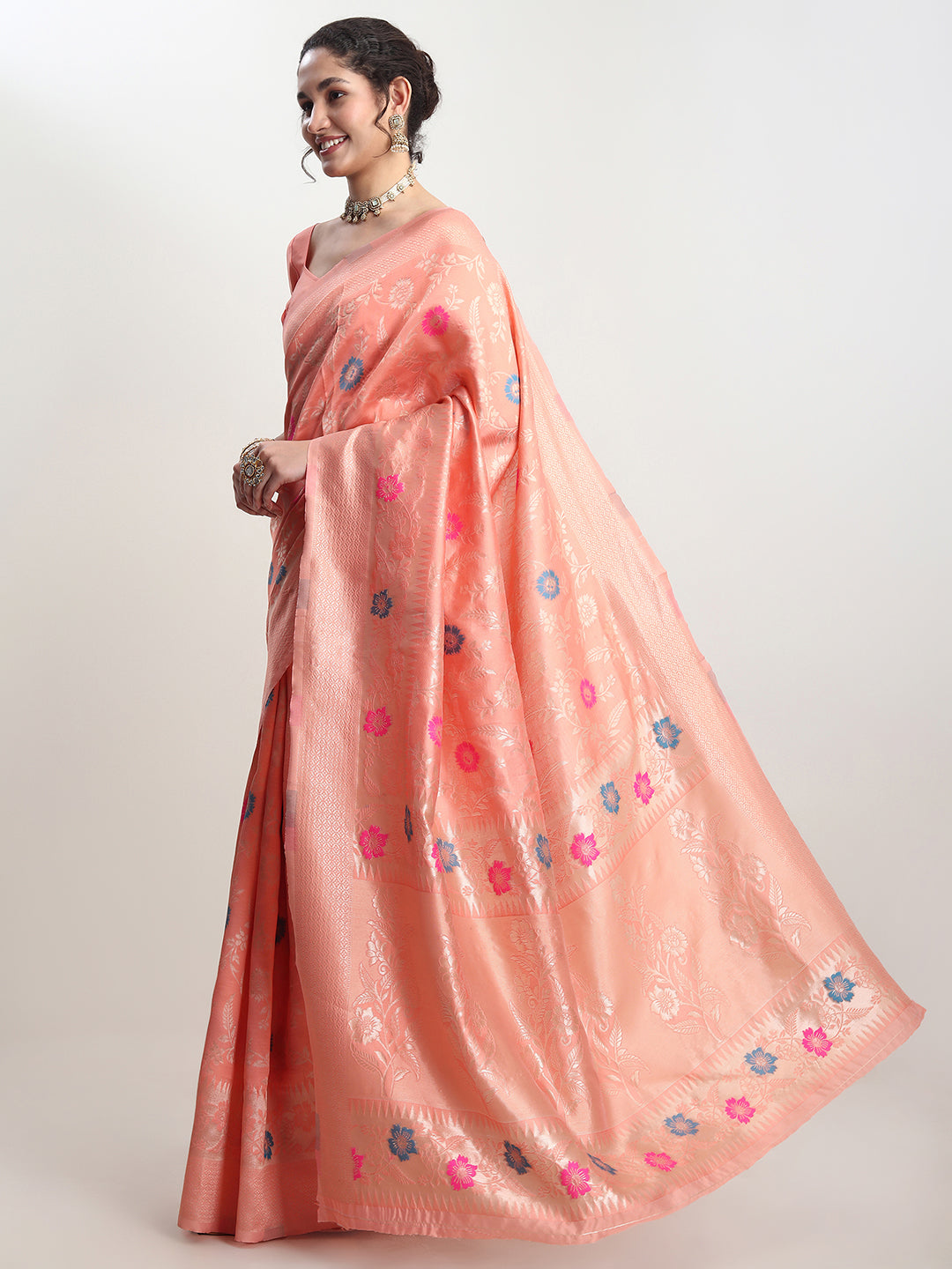Janasya Peach Silk Blend Floral Jacquard Saree